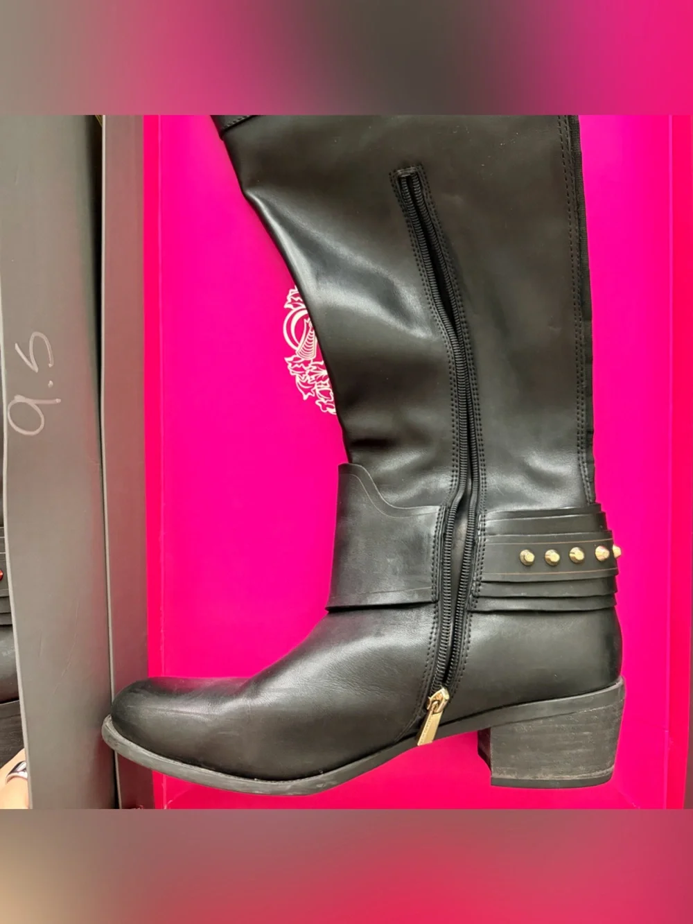 Vince Camuto Beatrix Black Leather Over-the-Knee Boots with Gold Studs & Buckle